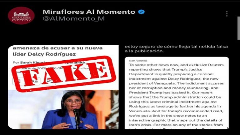 Miraflores al Momento desmiente noticia falsa de Reuters contra la Presidenta (E) Delcy Rodríguez